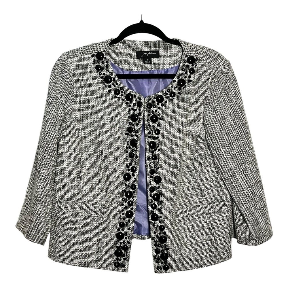 Josephine Womens Black‎ White Beaded Tweed Cropped Jacket Blazer Size 8 RN 51323